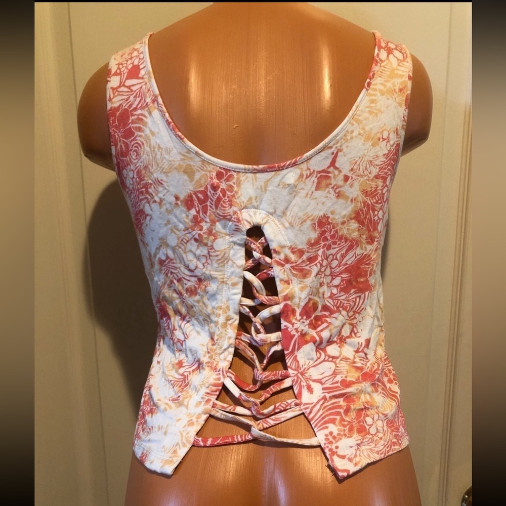 AMERICAN RAG CIE Coral Floral Tank Top S Small Strappy Lace Up Back EUC $20